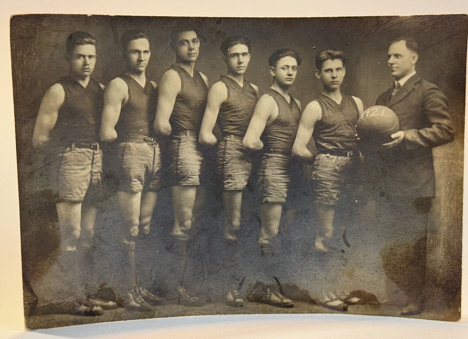 Antique Photograph 1921 Boys Basketball Photo With Coach 
