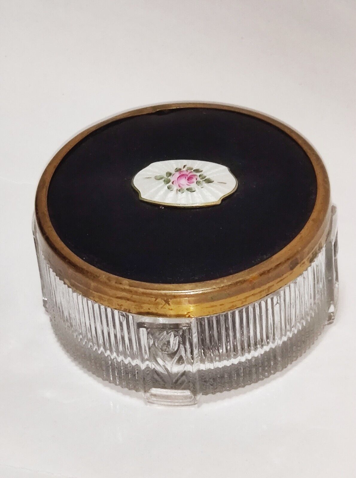 Vintage 1940's Powder Jar Glass Base With Guilloche Enamel Rose Brass Lid 