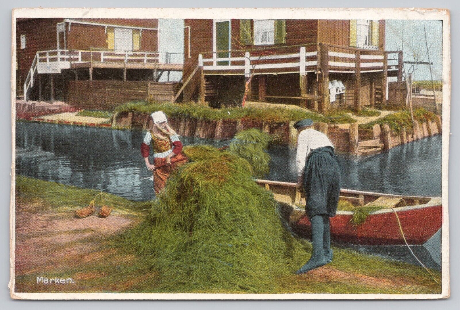 Marken Netherlands, Boy & Girl Loading Grass into Boat, Vintage Postcard
