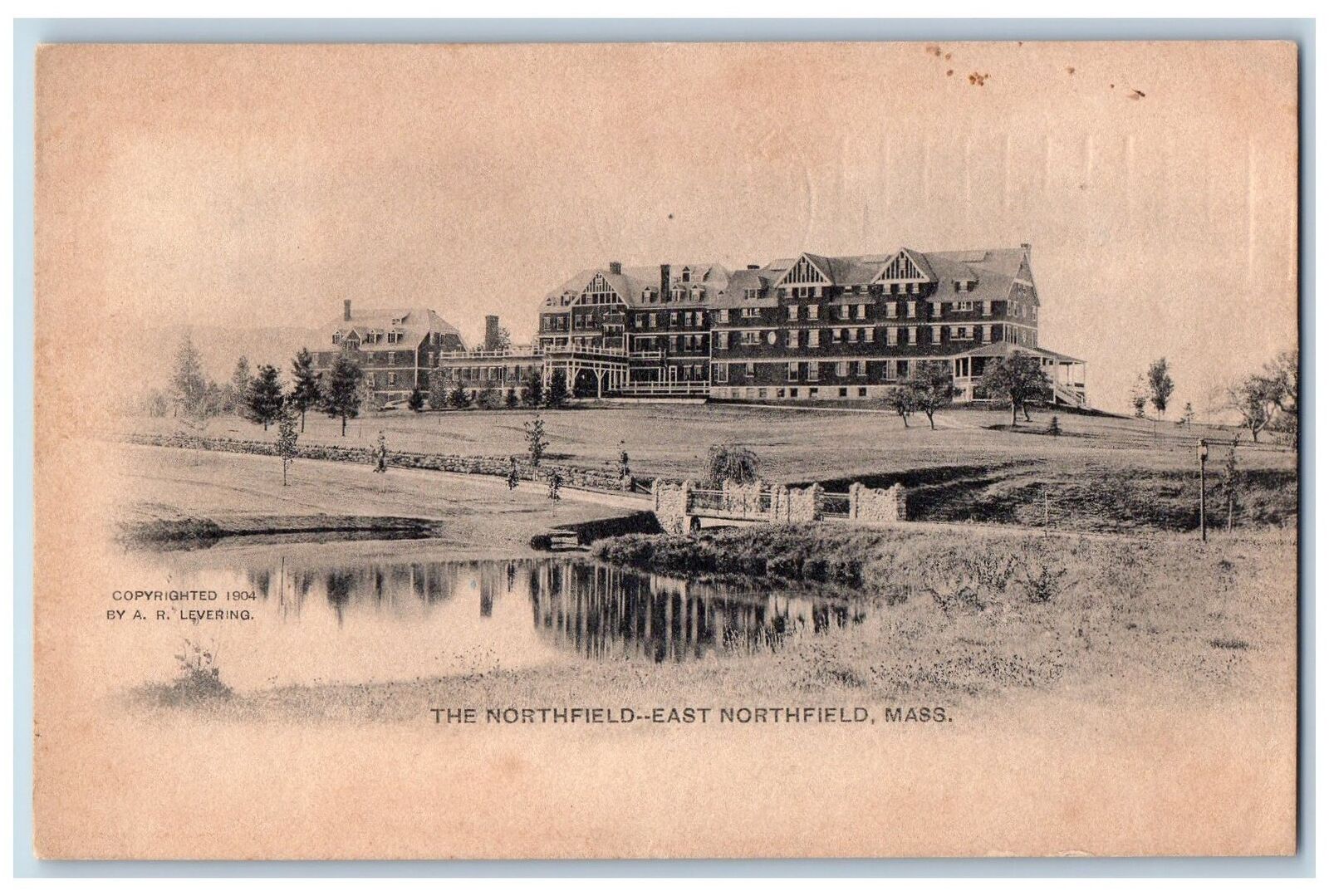 c1905 Northfield Building Lake Reflection East Northfield Massachusetts Postcard