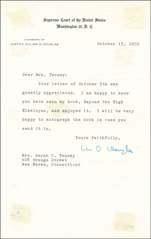 WILLIAM O. DOUGLAS - TYPED LETTER SIGNED 10/15/1952