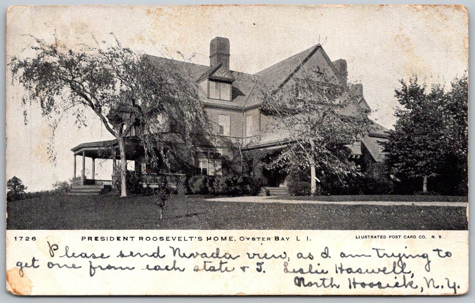 Oyster Bay Long Island 1906 Postcard President Teddy Roosevelt Home