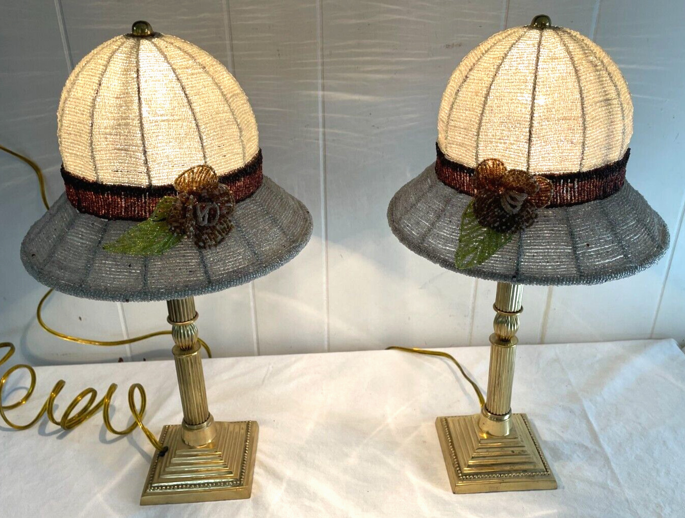 Gorgeous Pair of Lamps with Glass Beaded Ladies Hat Lamp Shades