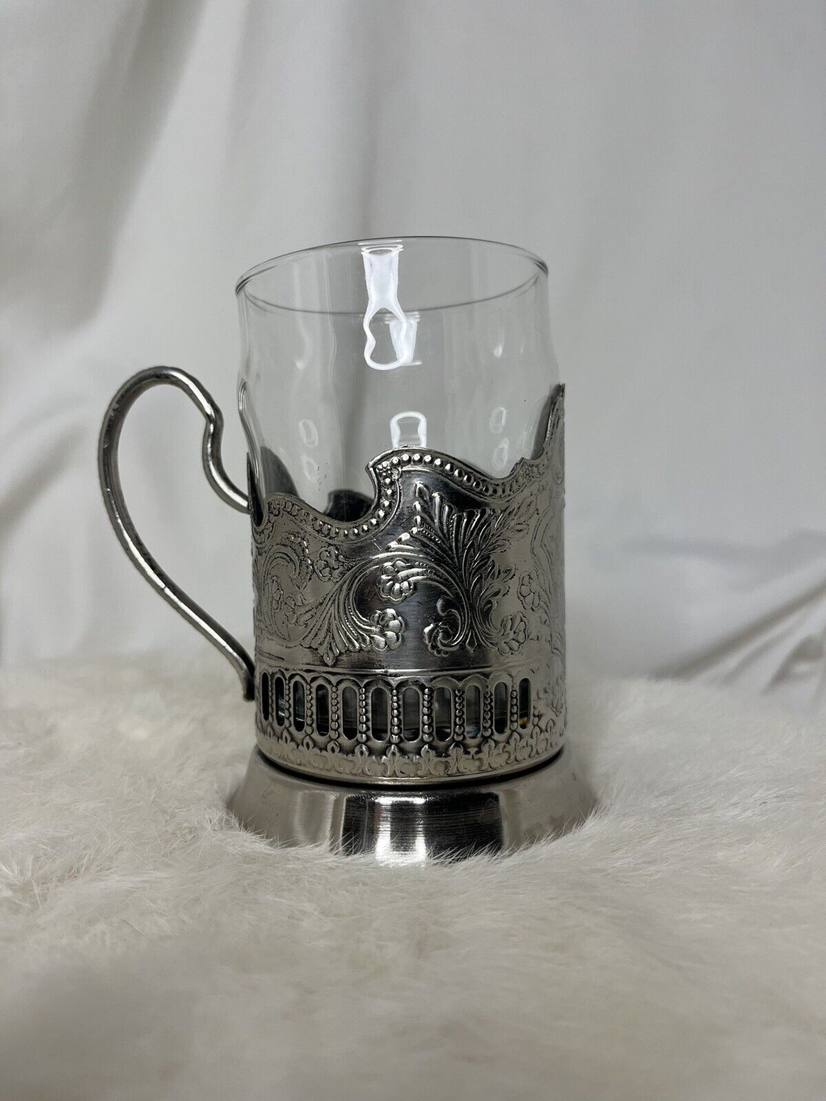 Russian Metal Tea Glass Holder Podstakannik w/ Soviet 20 Facet Granyonyi 8.5 oz
