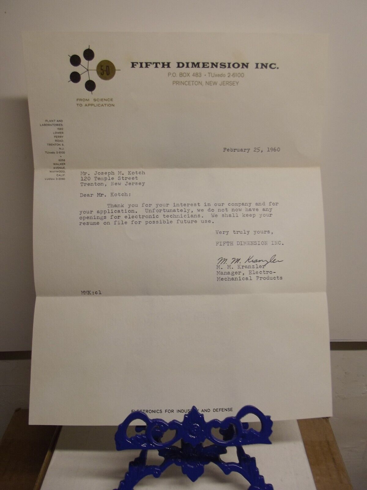 Vintage, 5th Dimension, Electronic Company, Letter from Personnel, # 140