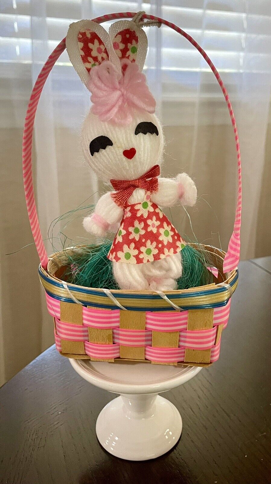 Vintage Easter Basket With Bunny Cotton Woven Wood Japan