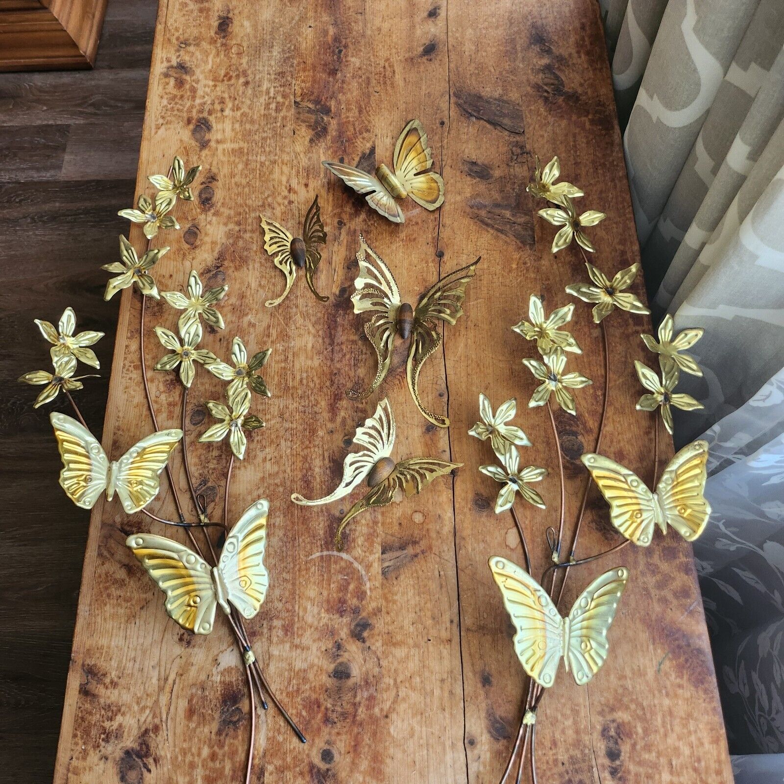 Vtg Home Interiors Wall Art Brass Gold Metal Butterfly Flowers HOMCO Set 2 BONUS