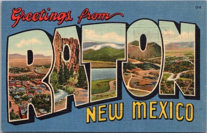 Vintage RATON New Mexico Large Letter Postcard Curteich Linen / Dated 1951