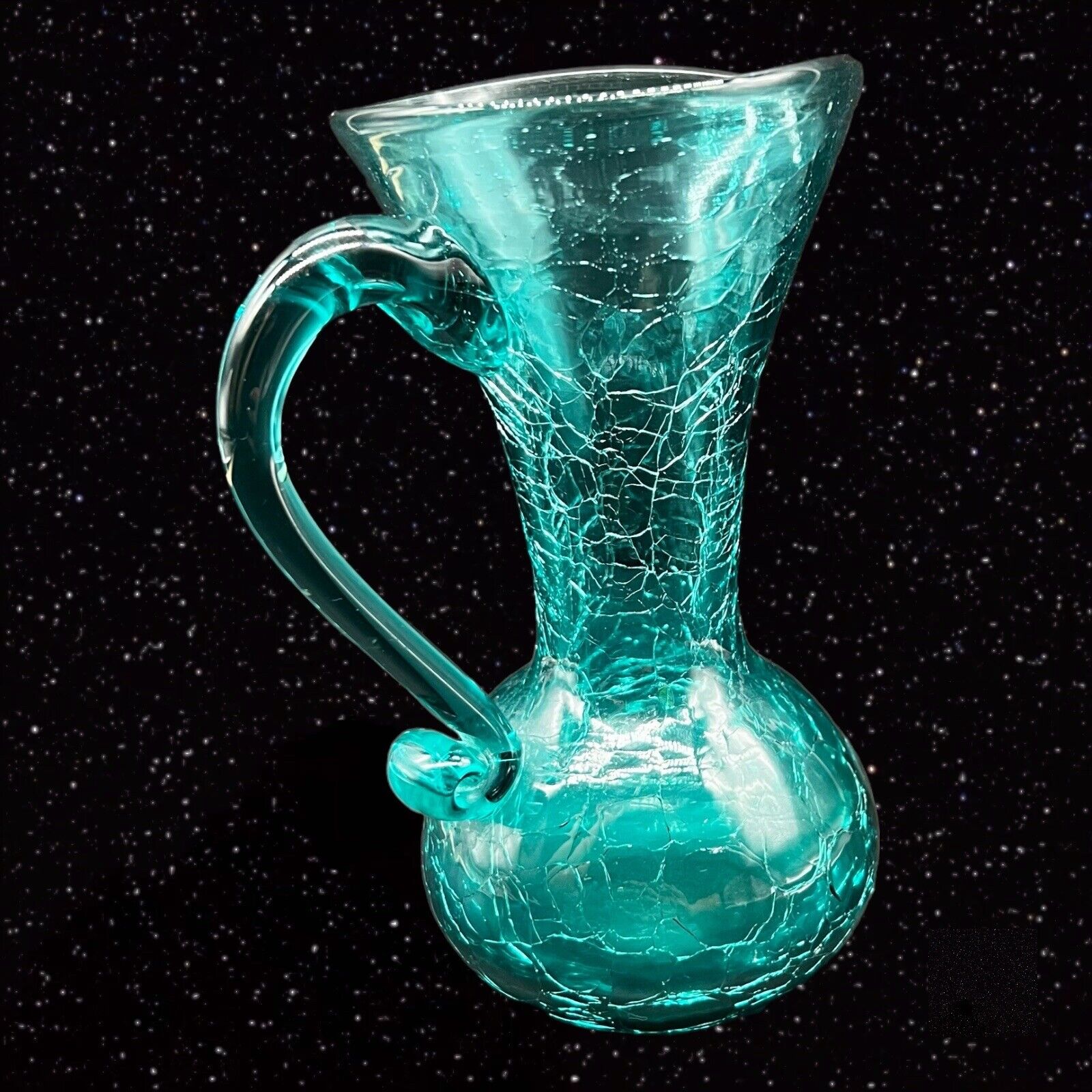 Rainbow Vintage Aqua Crackle Glass Pitcher Art Glass Applied Handle 5.5”T 3”W