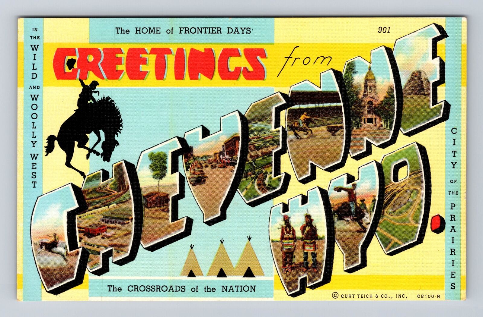 Cheyenne WY-Wyoming, LARGE LETTER Greetings, Antique, Vintage Souvenir Postcard