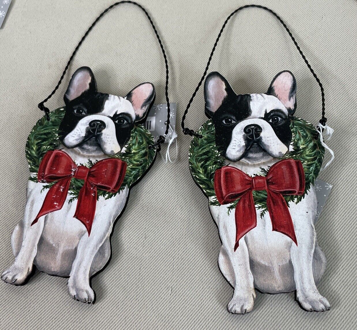 Boston Terrier Wreath Bow Dog Holiday Christmas Wood Ornament Wire Hanger 2 NEW