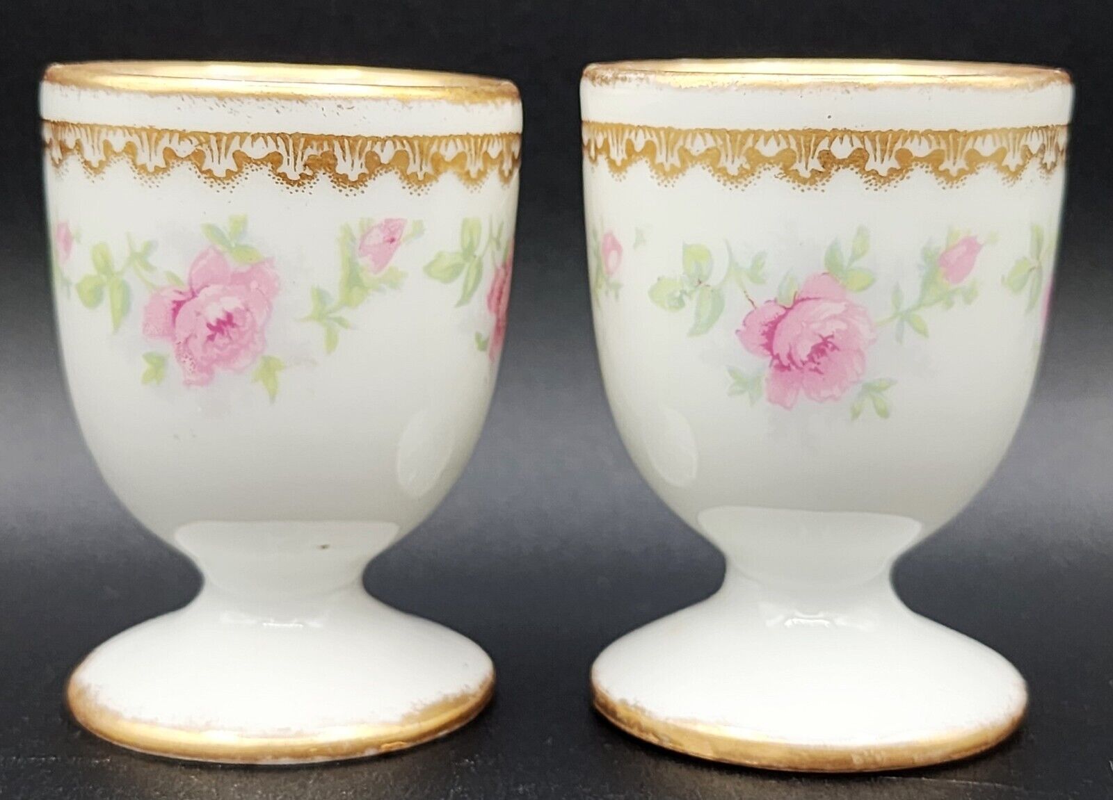 2 Theodore Haviland Limoges France Egg Cups with pink Roses and Gold Rims 1903