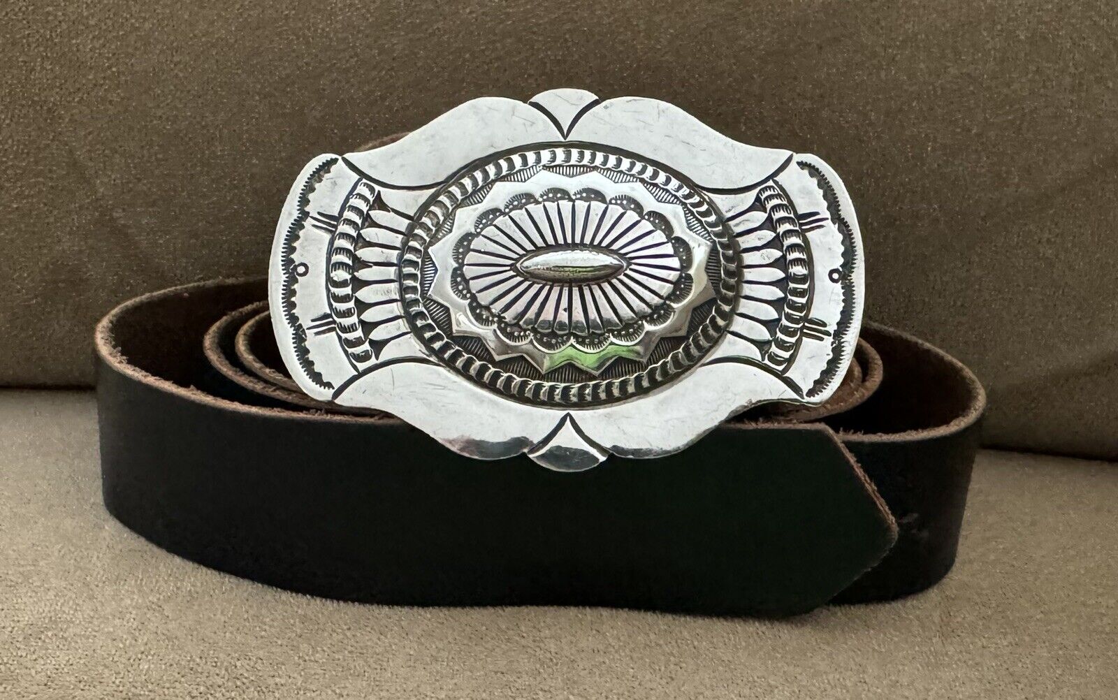 Vintage Pristine Native American Signed R Martinez Sterling Silver Belt Buckle