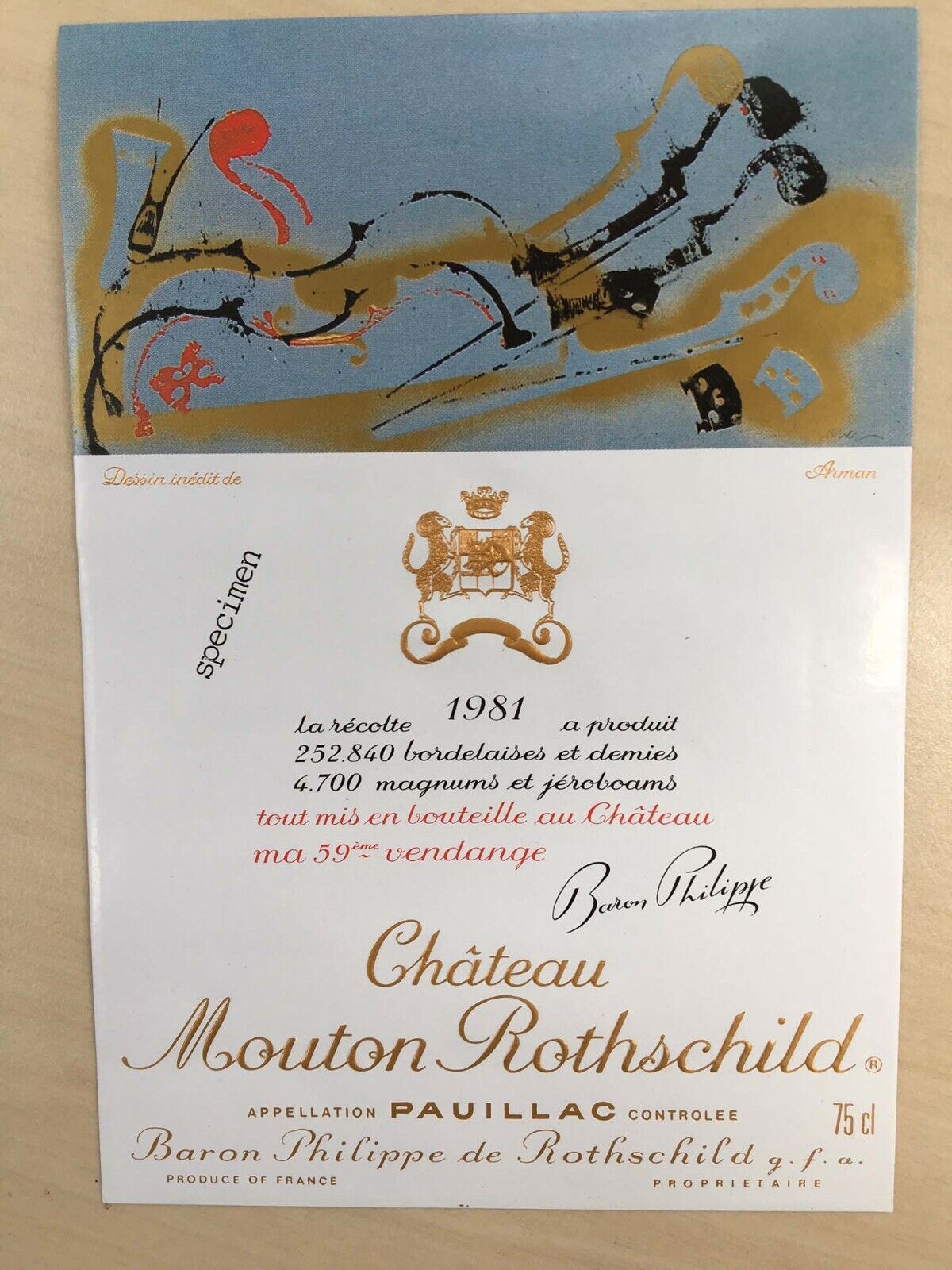 The 1981 Chateau Mouton Rothschild (Specimen) - Label By: Arman
