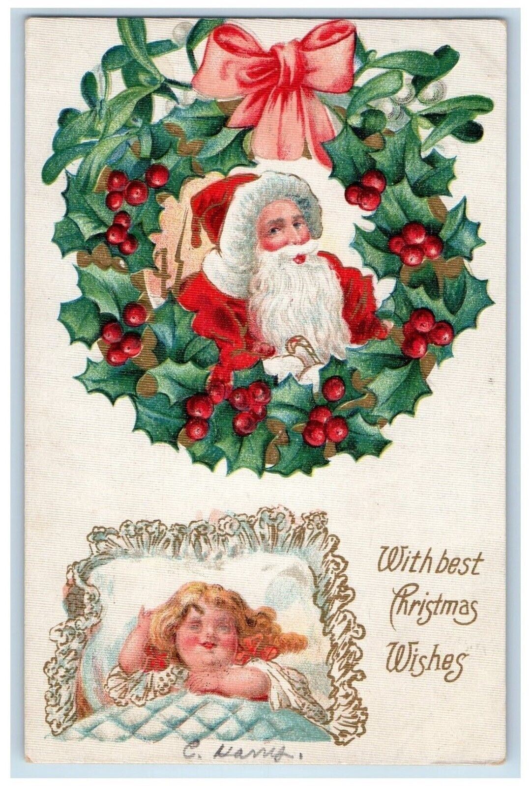 c1910\'s Christmas Santa Claus Head Candy Cane Holly Whreat Embossed Postcard