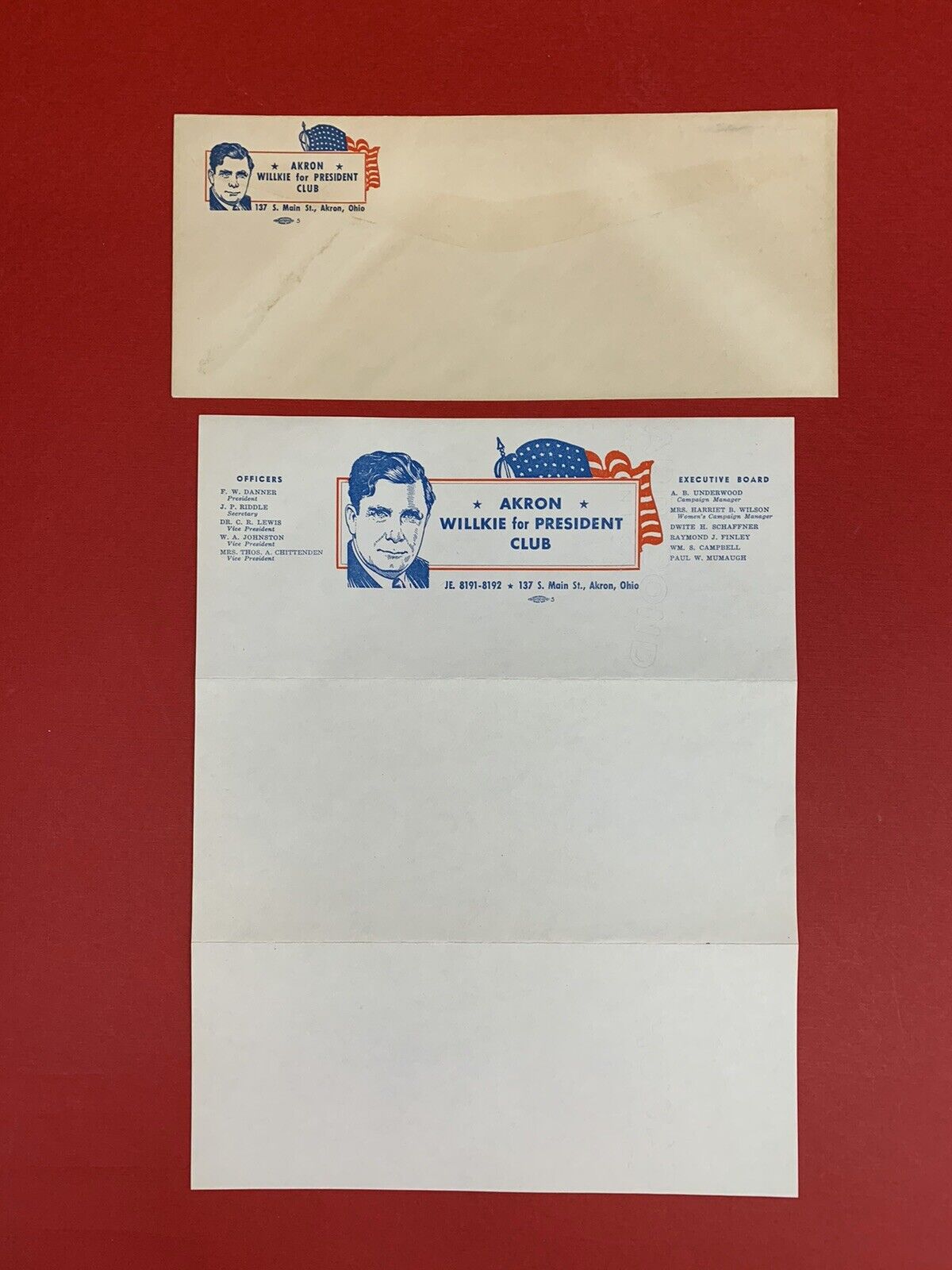 Wendell Willkie, Akron, Ohio, Willkie for President Club, Letterhead & Envelope