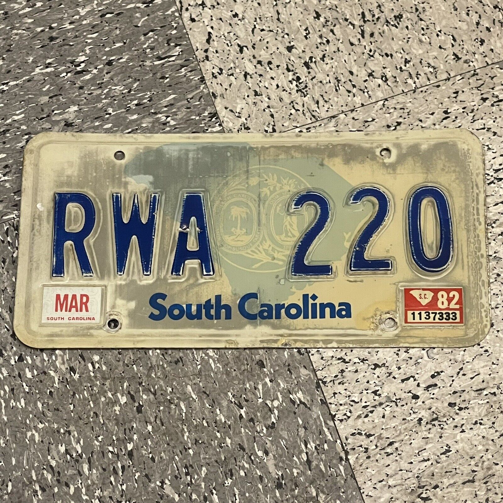 South Carolina License Plate Tag State Emblem RWA 220 March 1982 Vintage Expired