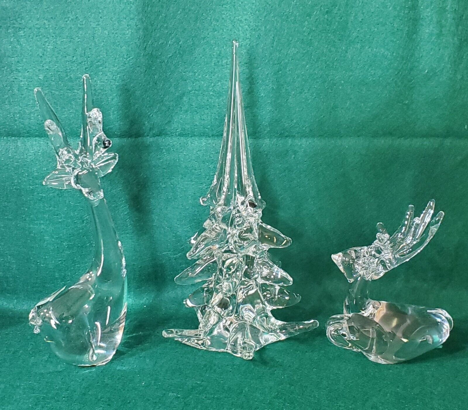 Set 3 Hand Blown Art Glass Reindeer And Tree Vintage