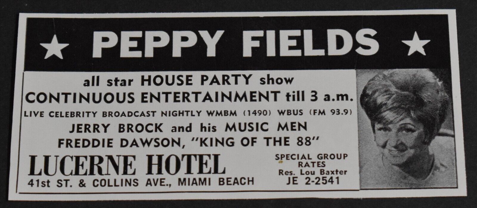 1970 Print Ad Miami Florida Peppy Fields Lucerne hotel Jerry Brock Music Men art