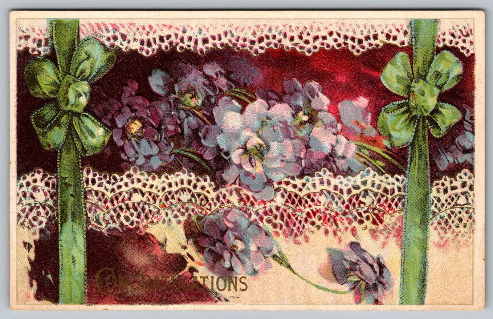 Postcard A Congratulations Greetings With Flowers Lace & Ribbons VTG   I5