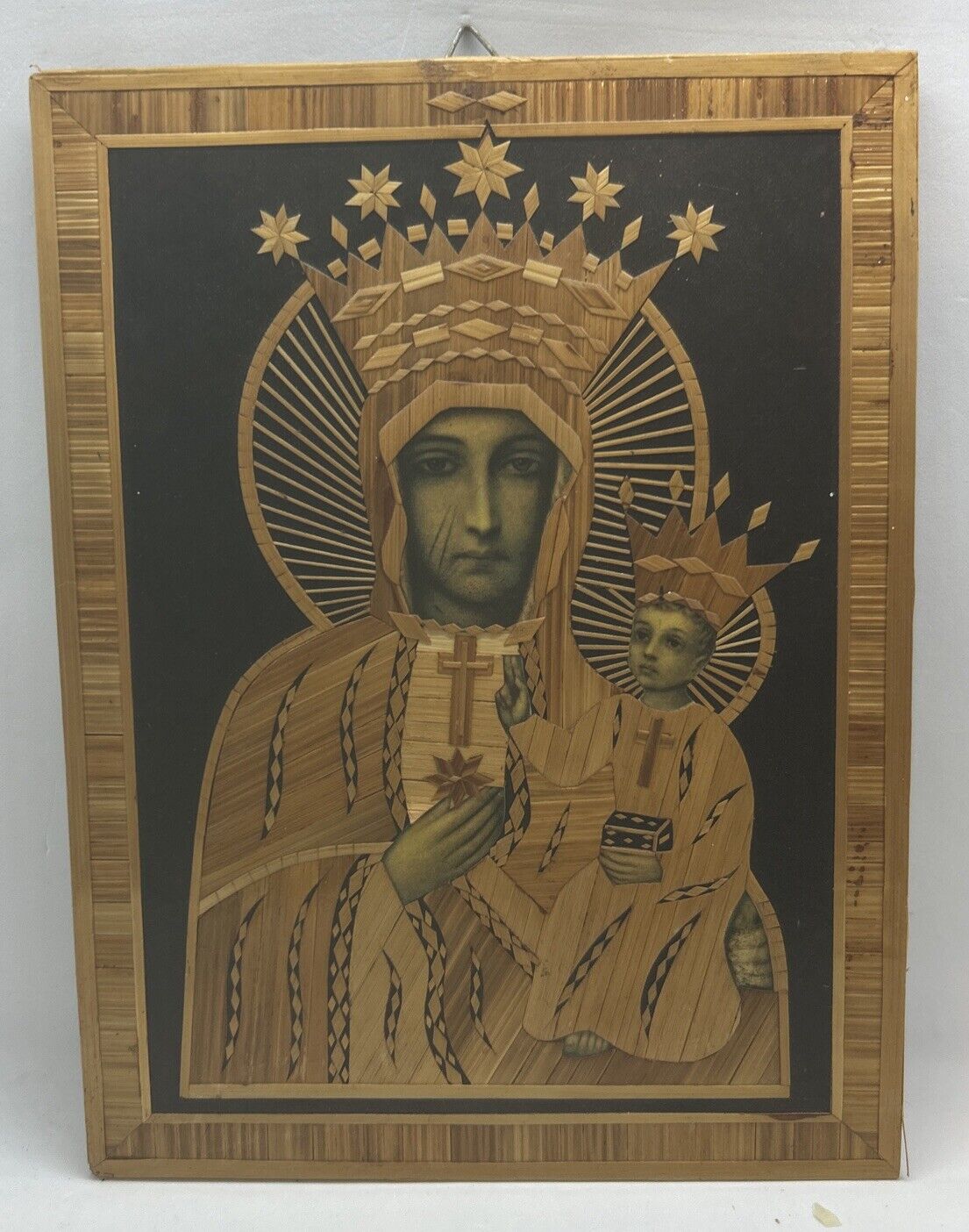 Polish Catholic Religious Icon Mother Mary Baby Jesus Inlaid Straw Wood 7”x9.25”