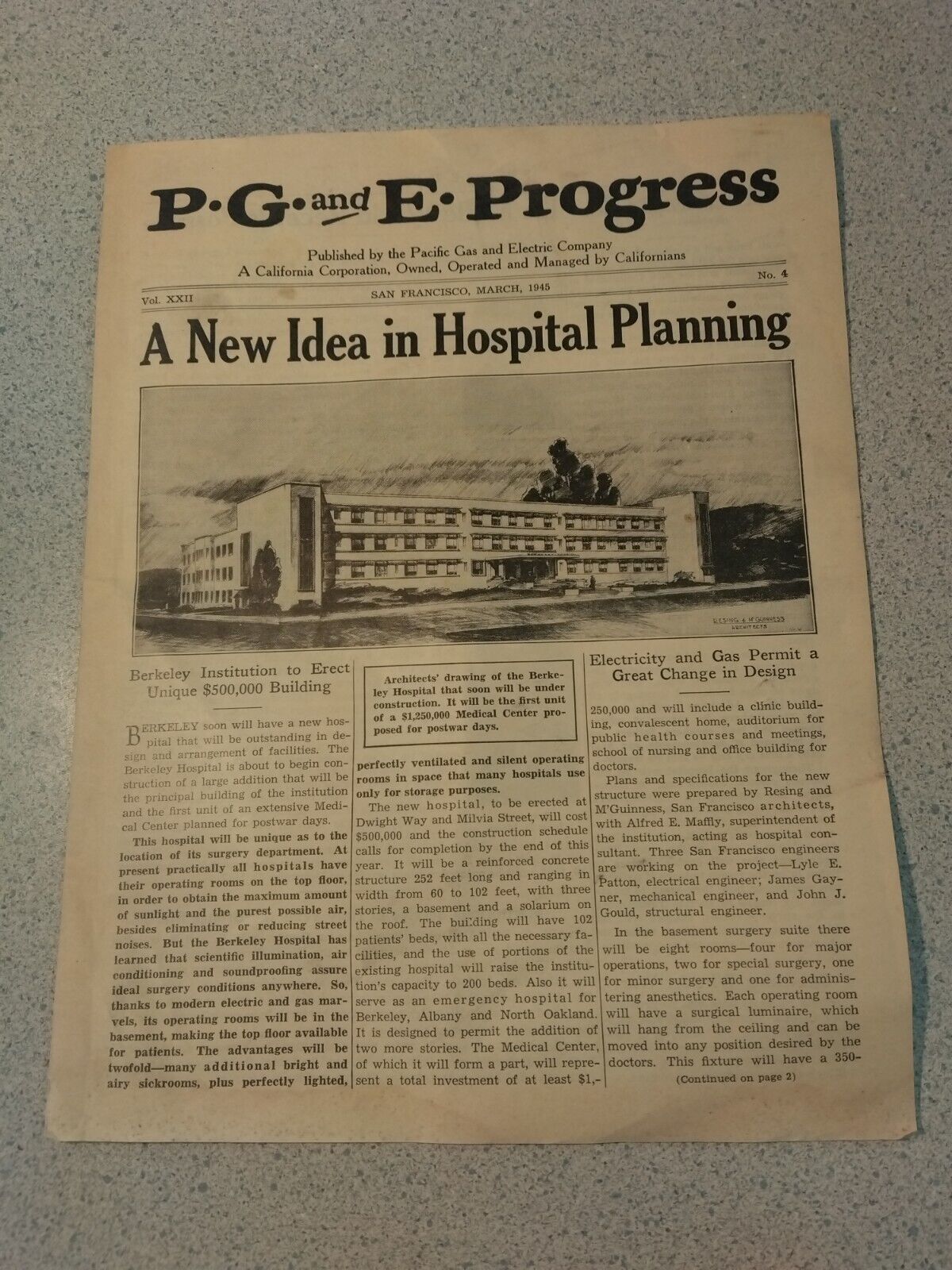 1945 NEWSLETTER PACIFIC GAS AND ELECTRICITY PG&E PROGRESS WW2 BERKELEY HOSPITAL 