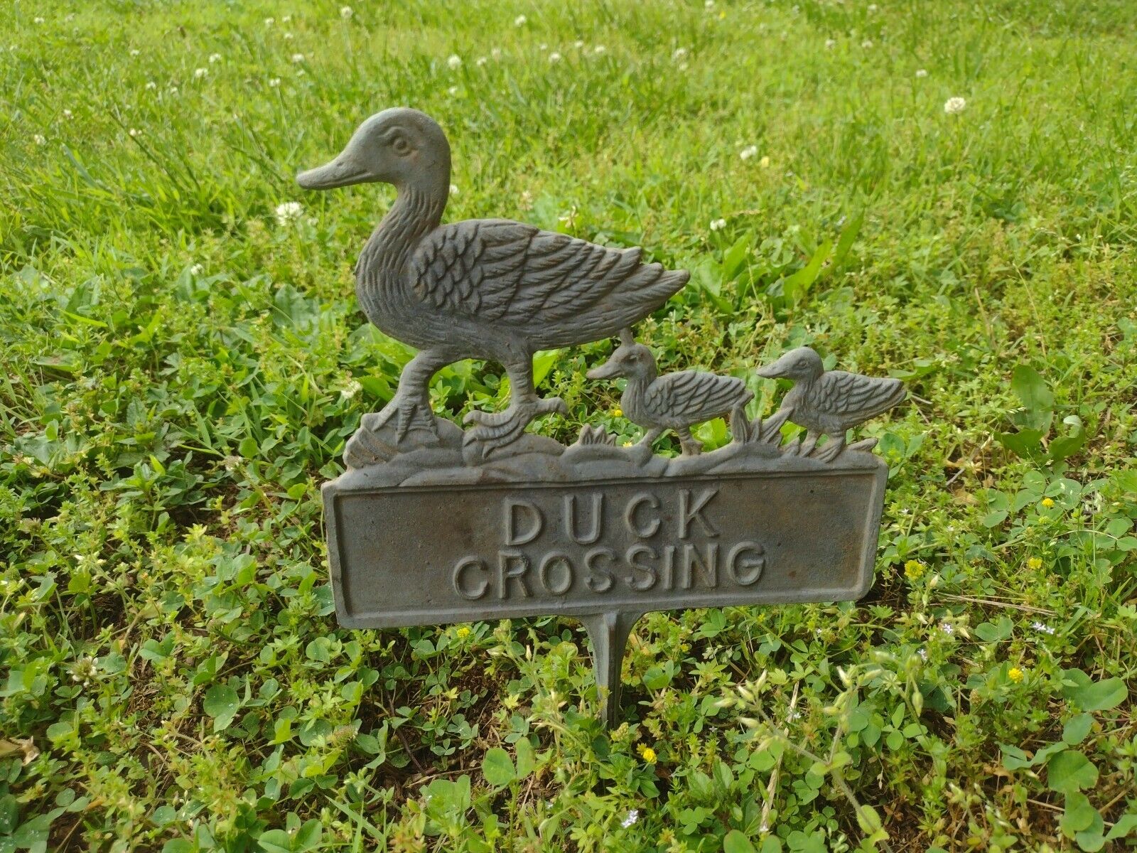 Vintage Brass or Copper Cast Metal Duck Crossing Sign Patina Antique