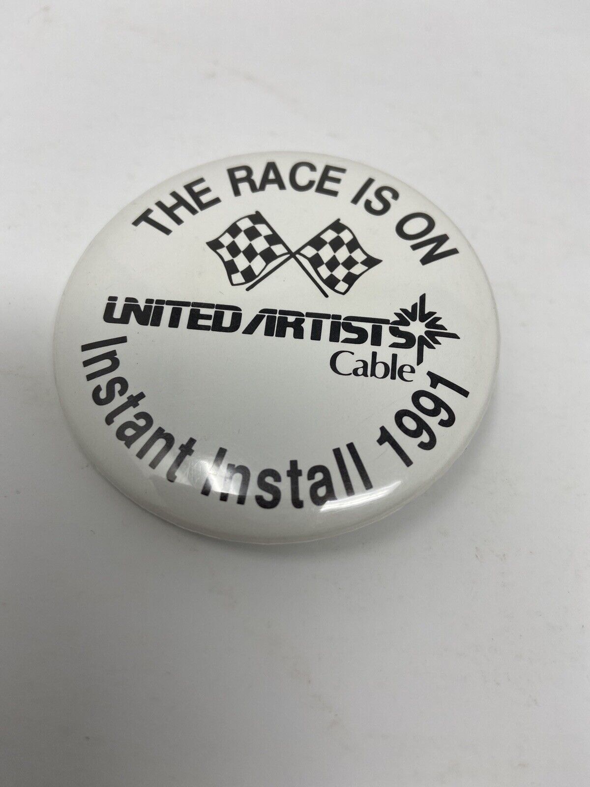 Vintage 1991 United Artist Cable The Race is On Instant Install Pinback Button