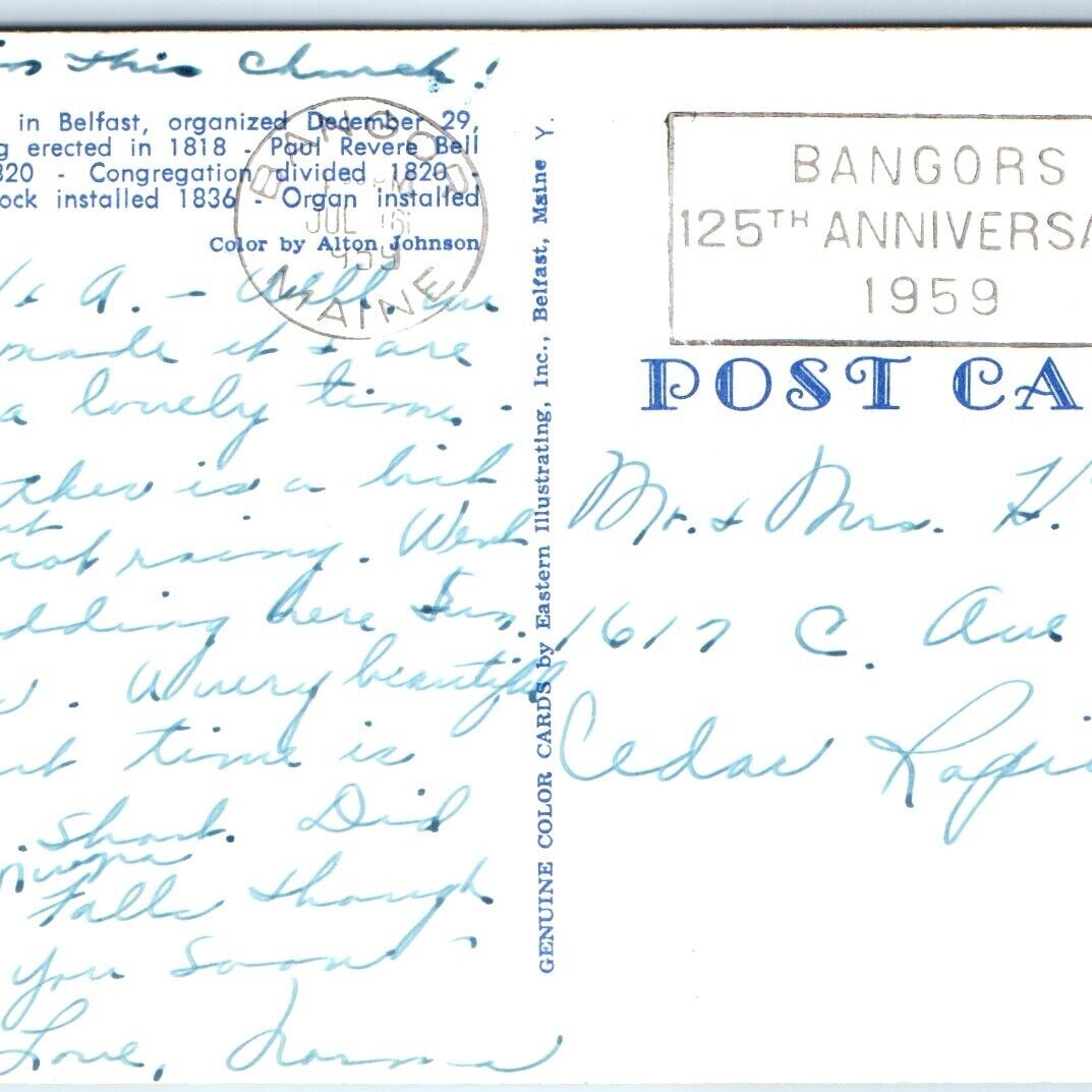 1959 Bangor, ME Town 125th Anniversary Postal Cancel Stamp Cover Belfast A65