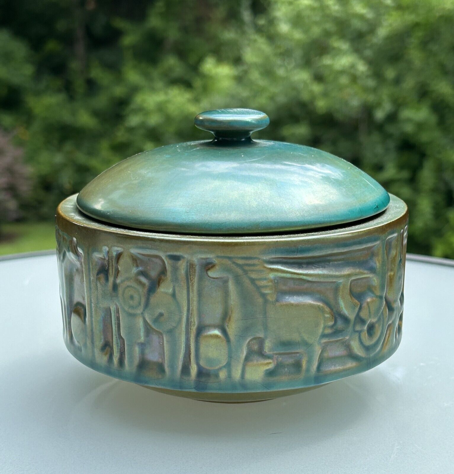 Unique Zsolnay Art Deco Iridescent Porcelain Lidded Box - Horse & Chariot Relief