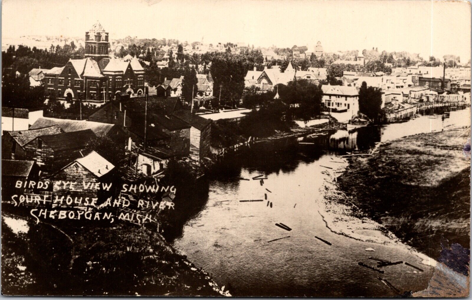 1920\'s RPPC Postcard Cheboygan, Mi. Bird\'s Eye View Showing Courthouse and River