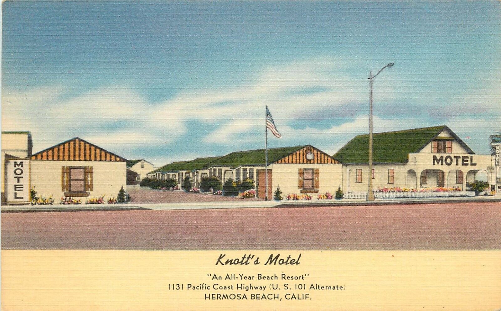 Linen Roadside Postcard Knott\'s Motel, Pacific Coast Hwy 101 Hermosa Beach CA
