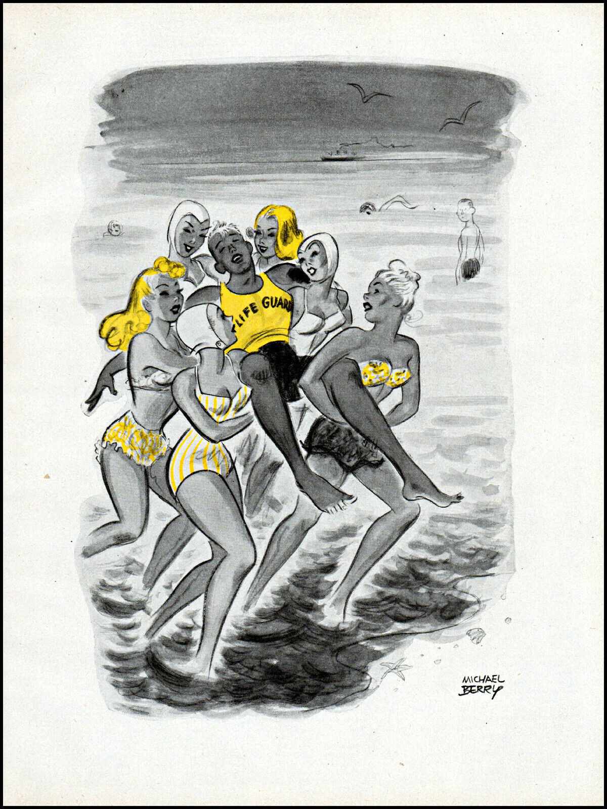 1947 Michael Berry art 6 bikini girls save lifeguard vintage comic pinup adL46