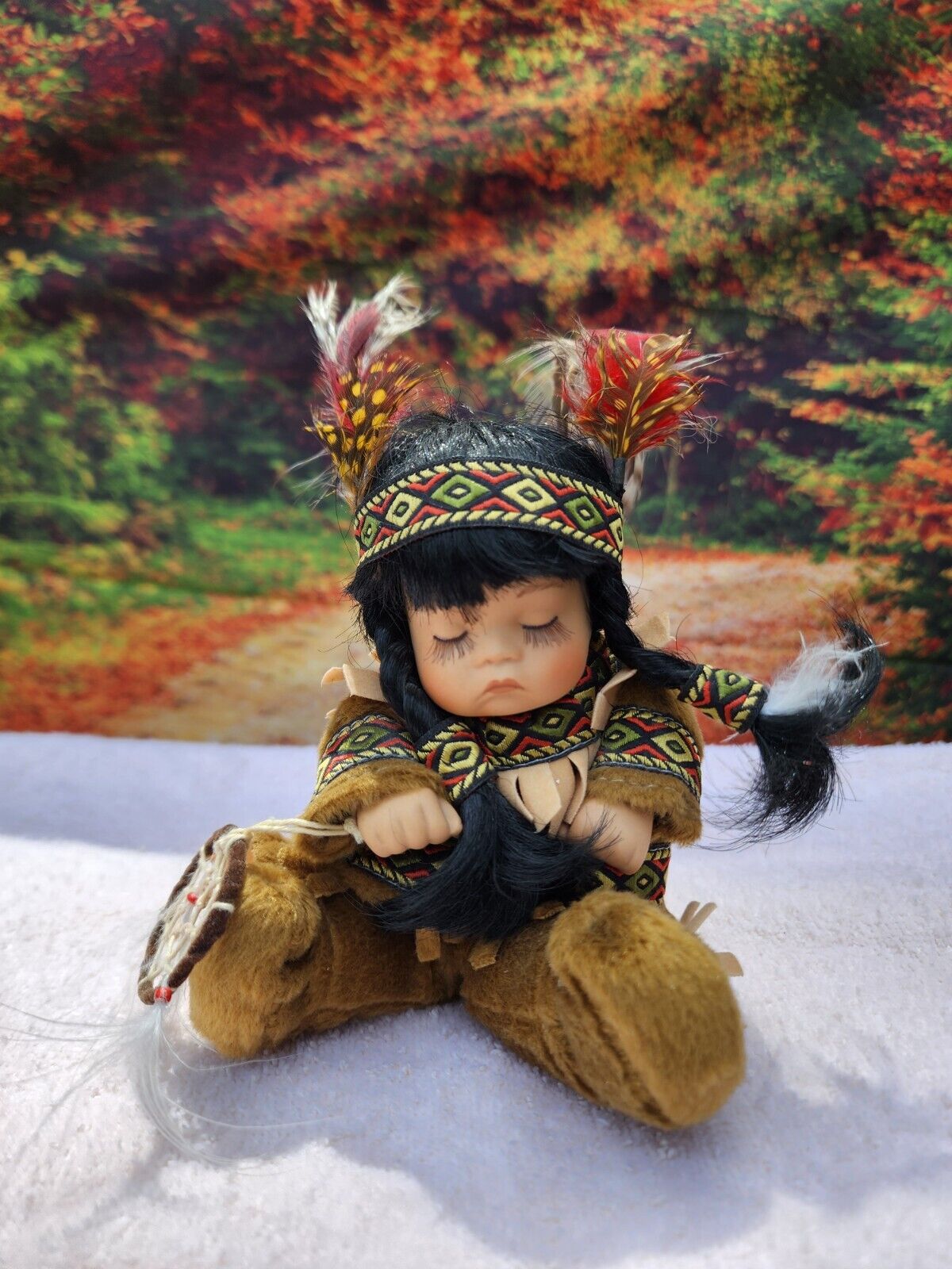 Vintage 2001 Emerald Sleeping Indian Baby Doll figurine sitting Native American