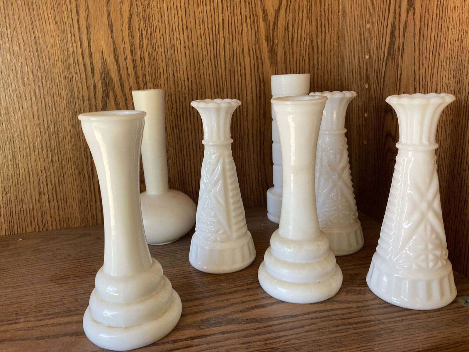 LOT OF SEVEN  (7)  Vintage Mid Century White Milk Glass VARIOUS HEIGHTS (5-7\