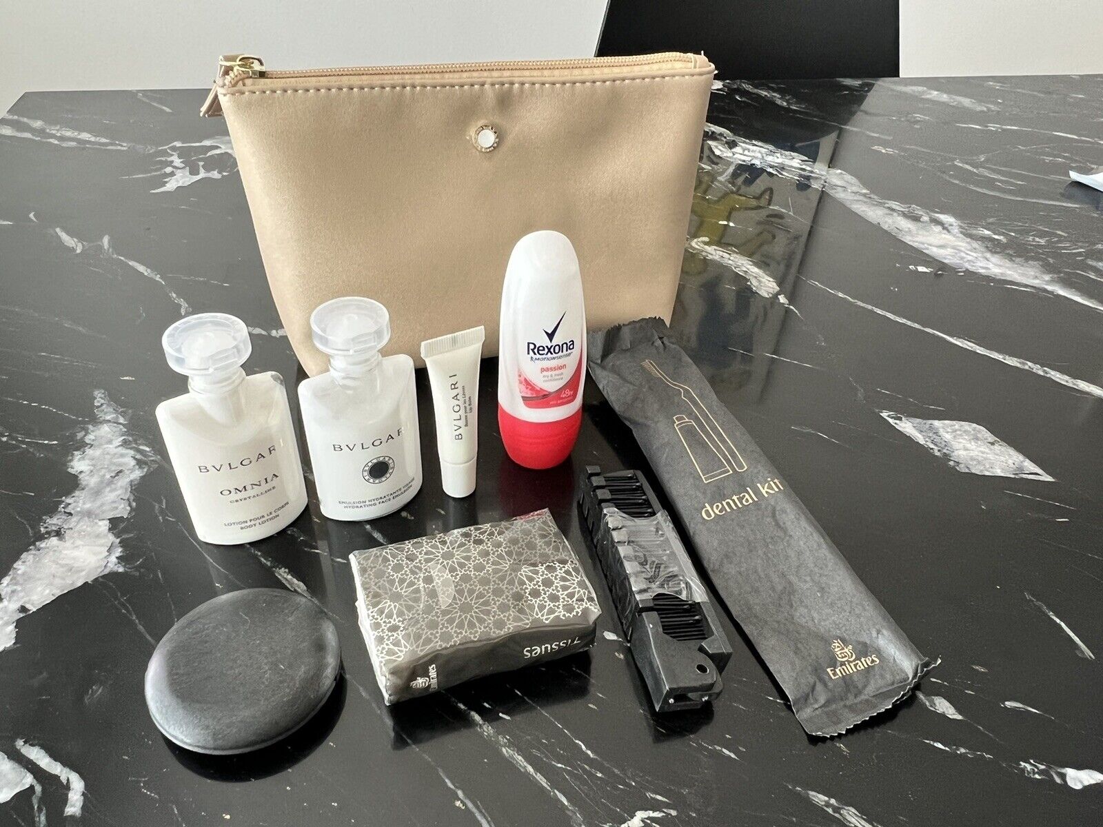 Emirates Bvlgari Makeup/Travel Bag -For Women gold brand new amenity kit