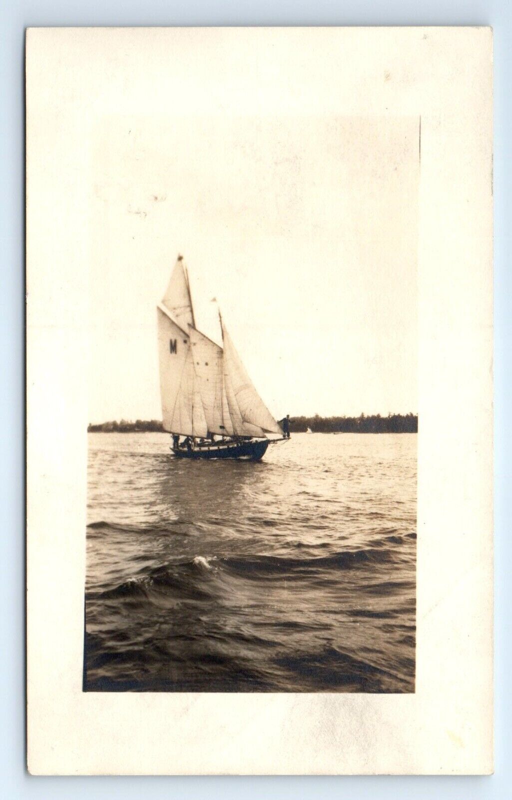 Sailboat Schooner Michigan Great Lakes Harbor Springs RPPC Postcard c.1930