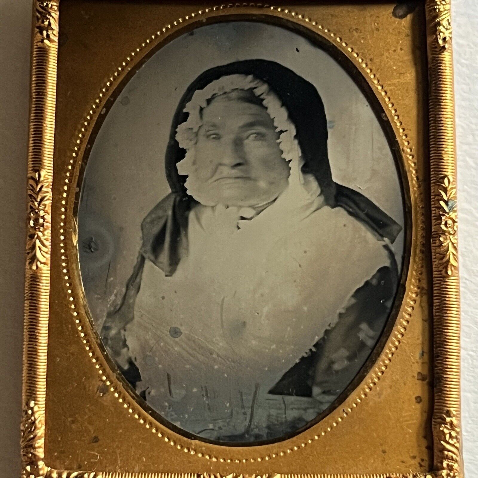 Antique Tintype Photograph Lovely Modest Mature Woman Bonnet