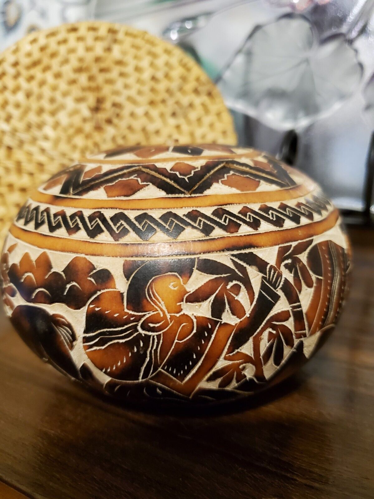 Vintage Peruvian Hand-Carved Gourd Squash Folk Art Trinket Box with Jazz band.