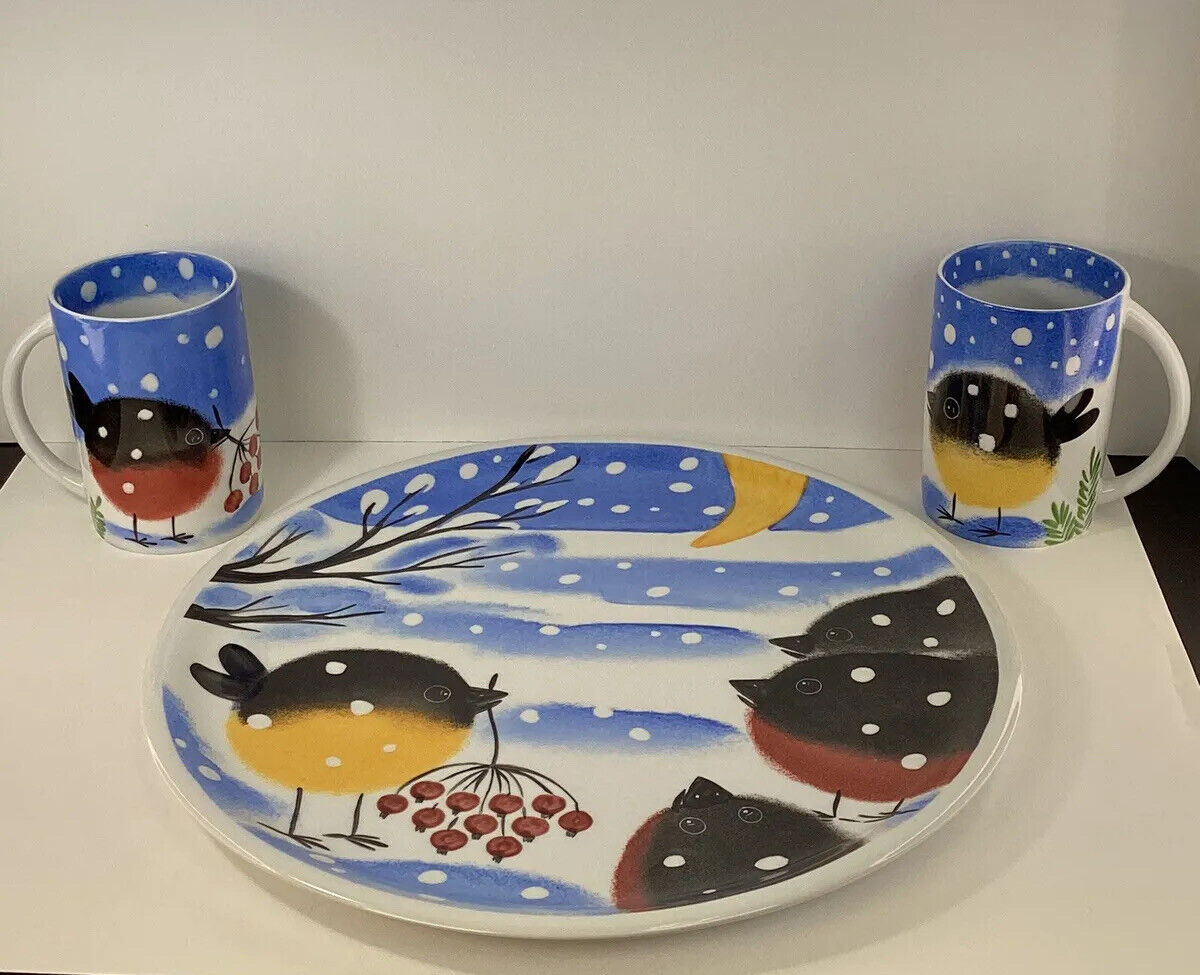 Handpainted Estonia porcelain signed Winter Chubby bird cake plate and two mugs