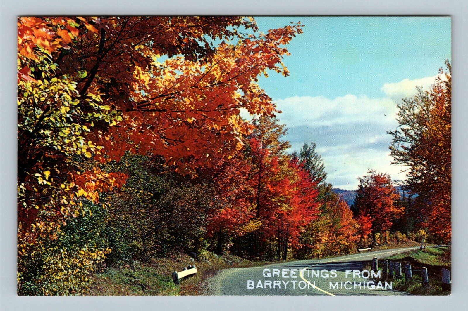 Barryton MI, Greetings, Spectacular Fall Foliage View, Michigan Vintage Postcard