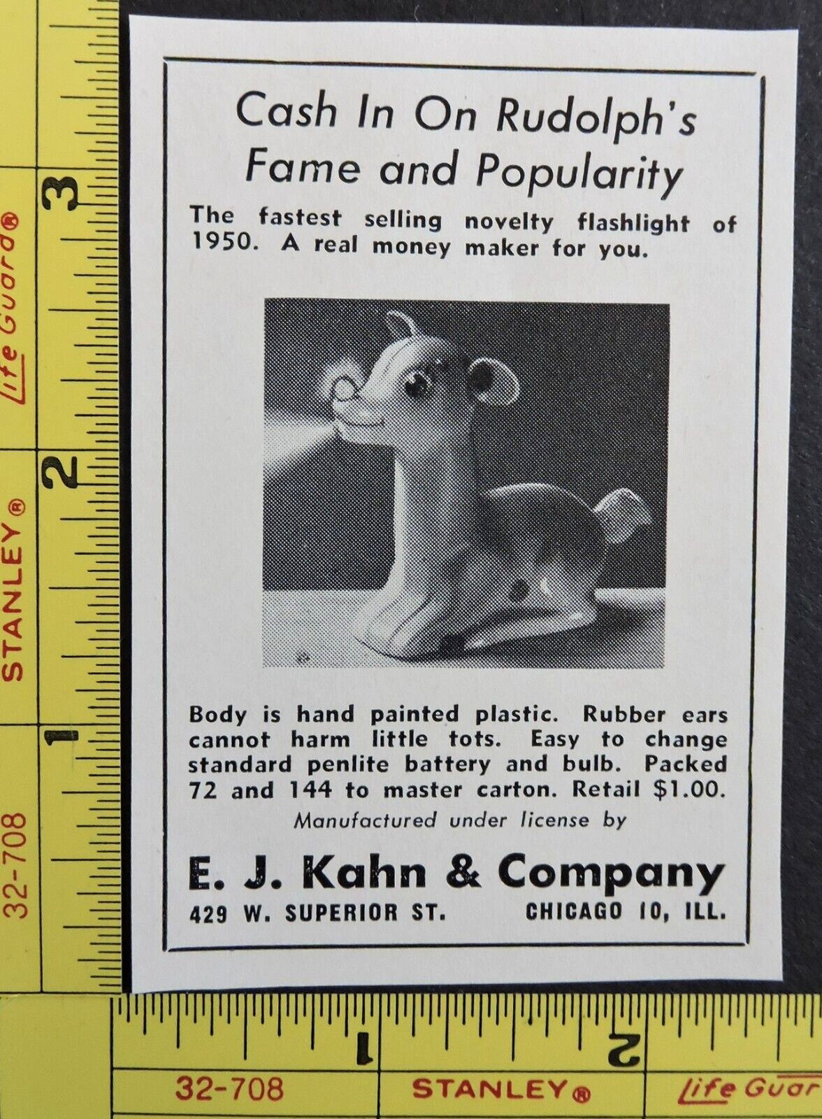 Vtg RARE 1951 DEALER Ad - Kahn & Co Rudolph Flashlight Christmas Toy 1950’s