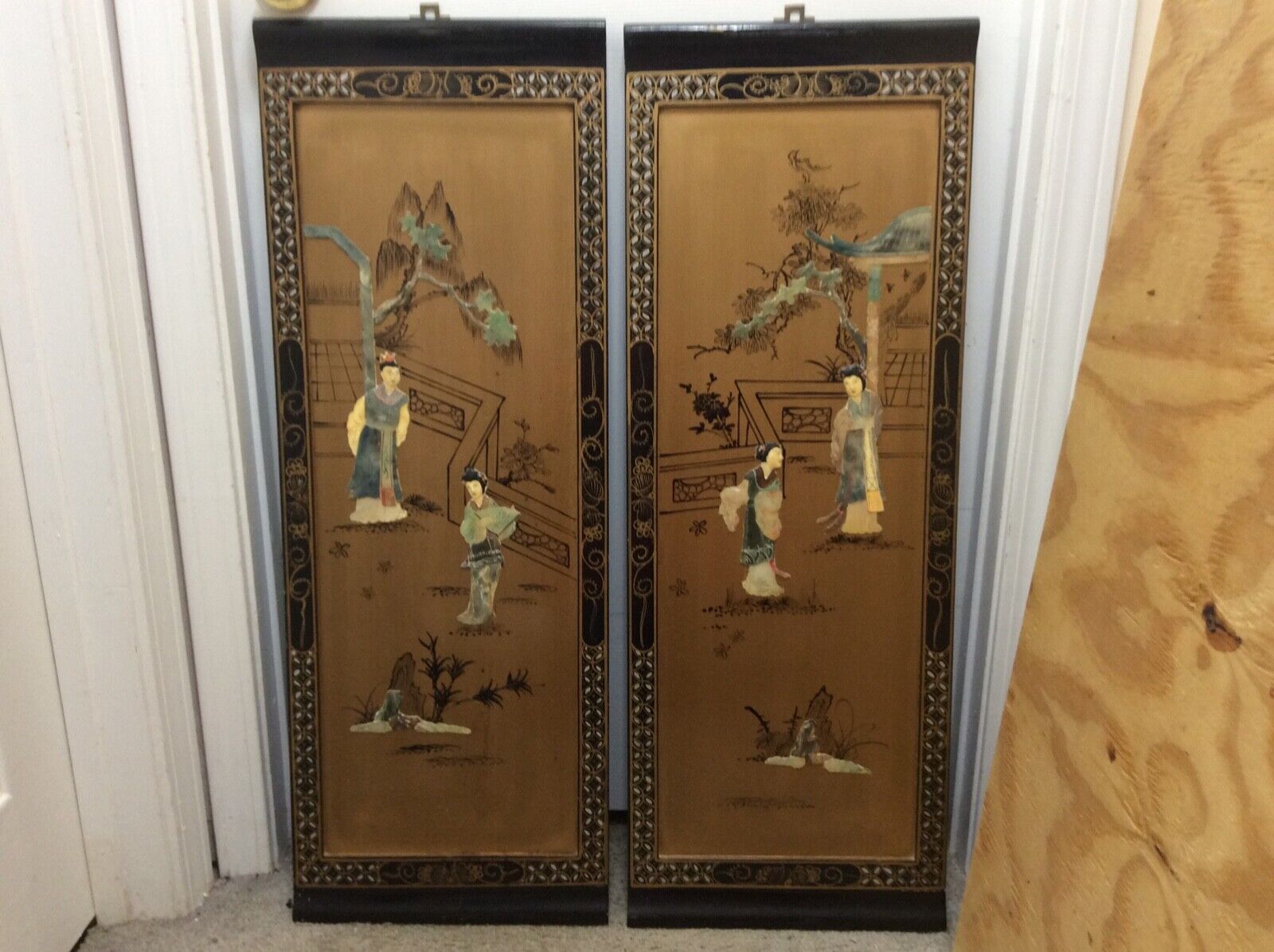 VINTAGE ASIAN WALL ART TWO GOLD PANELS  SIZE 12 X 36