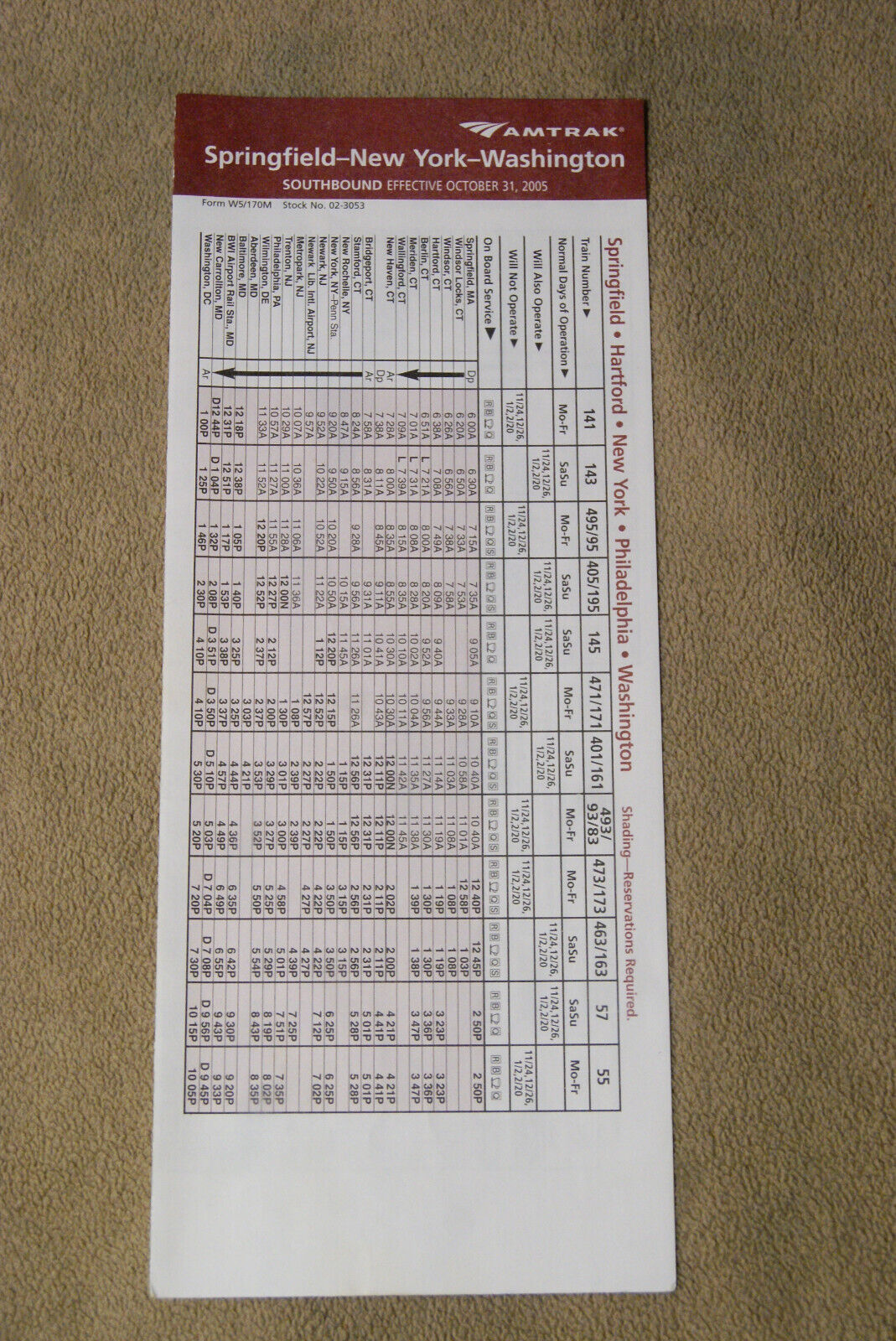 Amtrak Timetable - Springfield-New York-Washington - Oct 31, 2005