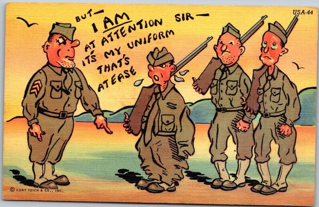 Military Humor Uniform At Ease Soldiers with Guns Vintage Linen Postcard B33