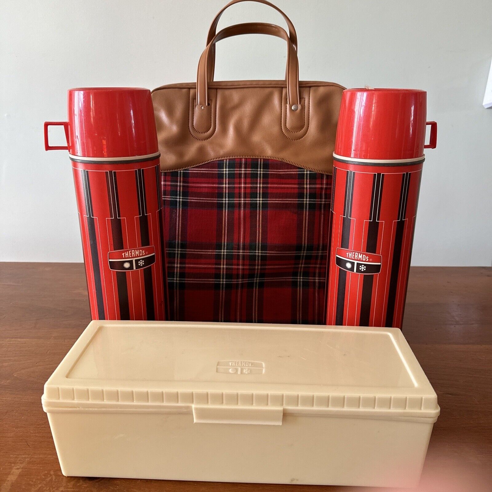Vintage Red Plaid THERMOS Travel Picnic Set Canvas Bag King Seeley 1971