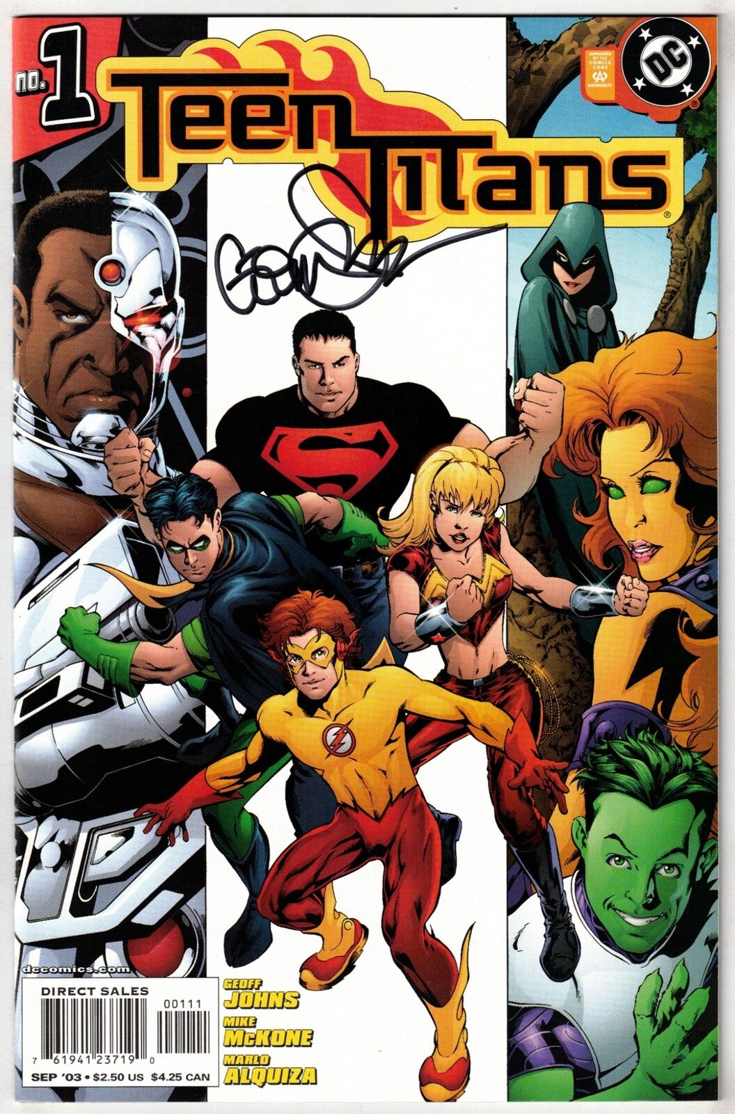 TEEN TITANS #1 (2003)- COVER A 1ST PRINT- SIGNED BY GEOFF JOHNS W/COA- VF+