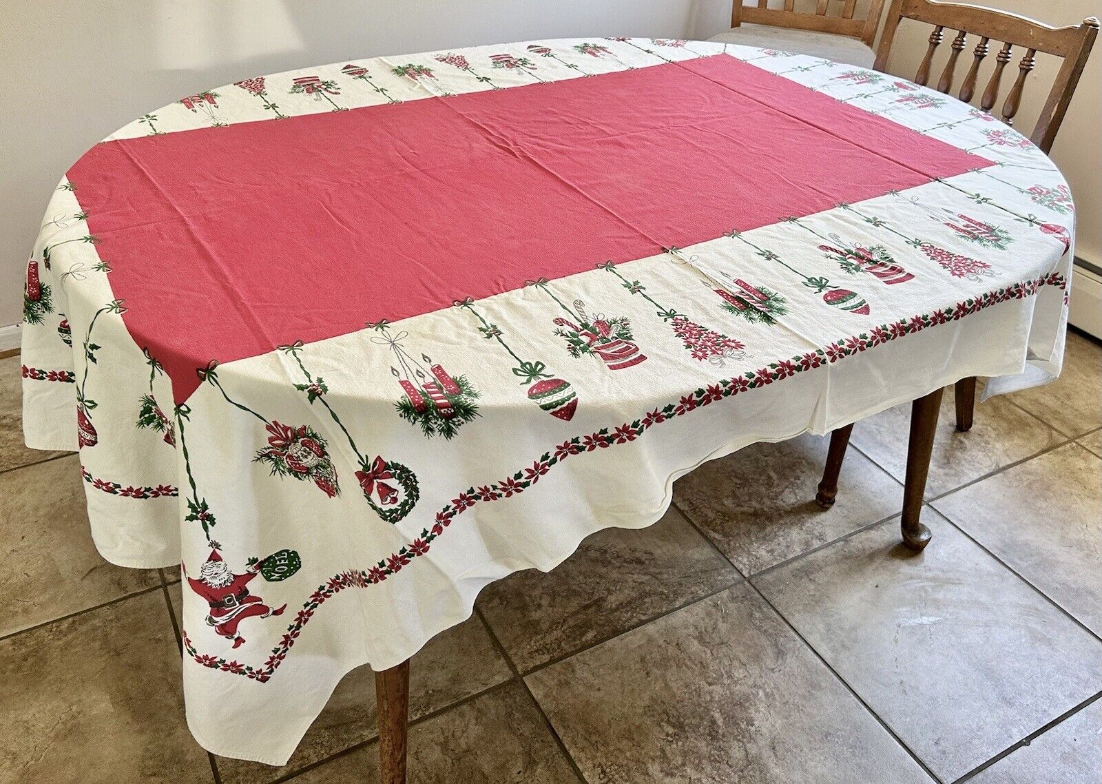 Vintage Christmas Tablecloth Rectangle White Red Santa 66\