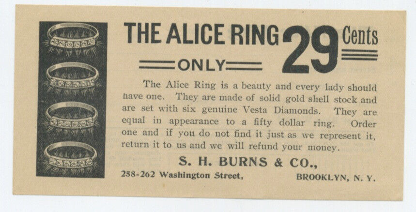The Alice Ring - ad flyer - c. 1905 - has 6 diamonds and costs 29 cents