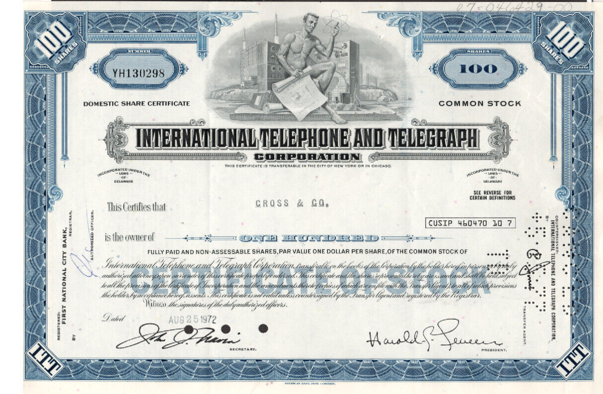 International Telephone-Telegraph - Original Stoc Certificate - 1972 - YH130298